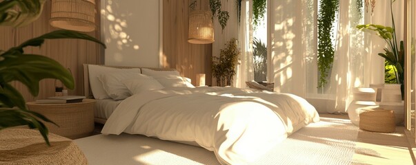 Cozy sunlit minimalist bedroom with lush greenery and natural wood accents