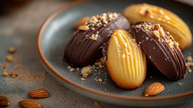 Elegant plate of chocolate-dipped madeleines with almond garnish