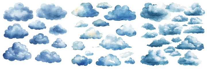 A collection of diverse clouds in various shapes and shades of blue, perfect for illustrating weather concepts, nature themes, or artistic designs. PNG transparent