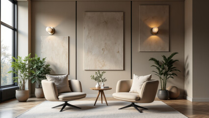 Elegant living room with acoustic wall panels and minimalist furniture.