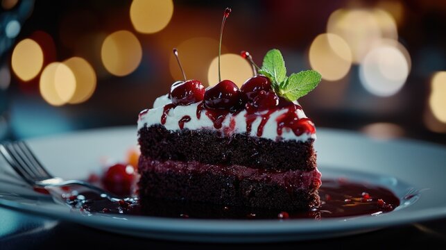 Decadent chocolate cherry cake slice with mint and whipped cream garnish on plate - Powered by Adobe
