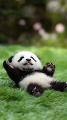 Adorable baby panda lying on its back on lush green grass, paws up.