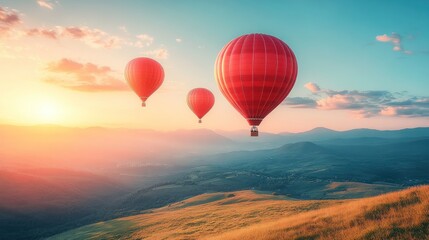 Fototapeta premium Sunset Hot Air Balloons Soaring Mountainscape