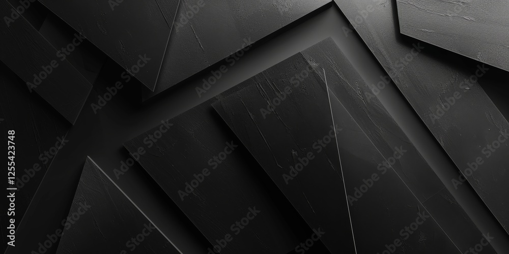Poster an abstract minimalist design featuring a pure black backdrop, abstract geometric shapes and lines, 