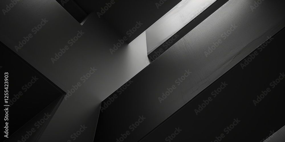 Poster an abstract minimalist design featuring a pure black backdrop, abstract geometric shapes and lines, 