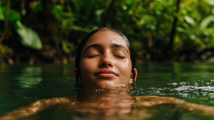 Fototapeta premium Arabian woman swimming in jungle lagoon relaxation 