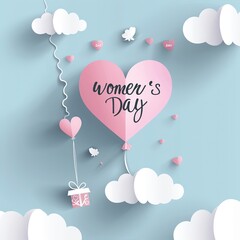 Women's  Day Celebration with Pink Heart-Shaped Balloon Flying in the Sky and Gift Box on White Paper Cut Clouds. Minimalistic Vector Graphic Design for Women's Day Web Banner, Featuring Calligraphy T