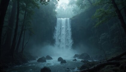 Mystical waterfall cascading through the enchanting misty forest depths