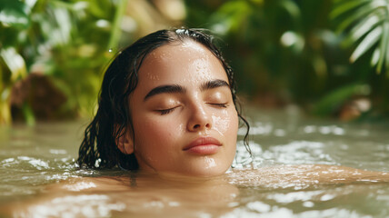 Fototapeta premium Arabian woman swimming in jungle lagoon relaxation 