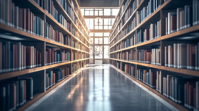 Library Shelves with Corridor and Open Books