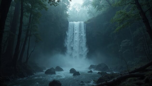 Mystical waterfall cascading through the enchanting misty forest depths