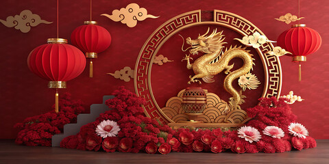 Obraz premium Golden Dragon with Red Lanterns and Plum Blossoms in a Luxurious Chinese New Year Celebration, Festive Decorations, and Traditional Symbols 