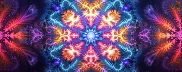 Vibrant fractal pattern with symmetrical neon floral design and radiant colors