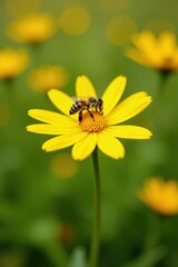 A bee landing on a bright yellow daisy in a field, land on flower, pollination