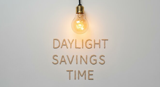Daylight savings time with a light bulb to to extend daylight hours in the summer months. "Daylight savings time" written on background top view flat lay. Daylight savings time concept with a bulb 