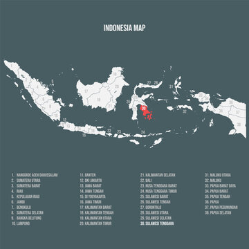 Indonesia Map with 38 Provinces - Sulawesi Tenggara