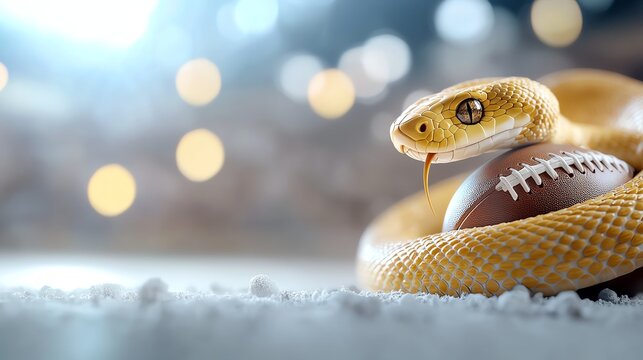 Golden snake coiled around rugby ball, bokeh lights in background, representing power and agility in sports.