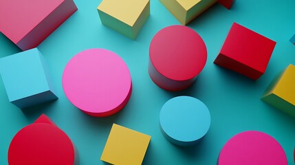 A vibrant composition featuring geometric shapes with squares and circles on a cyan background