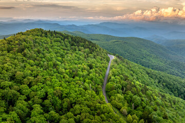Mountain pass road in North Carolina Appalachian mountains, USA. Laurel Knob Overlook on Blue Ridge...