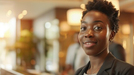 Obraz premium A young black businesswoman with short curly hair dressed in a dark blazer and white shirt with a subtle smile with the background blurred suggesting an indoor setting.