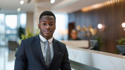 Fototapeta premium A young black man in a suit stands in a modern Office lobby exuding professionalism and confidence