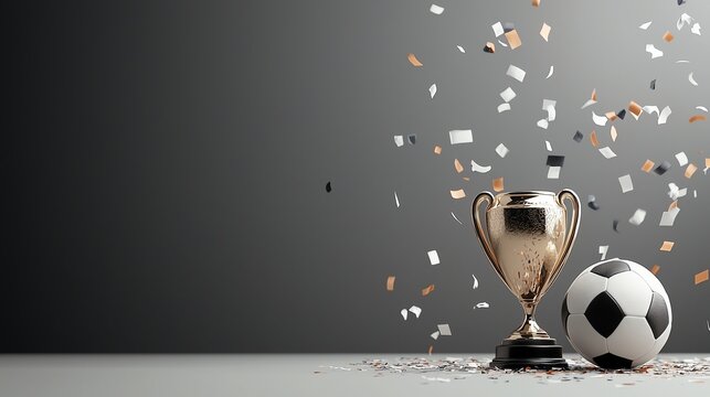 Golden trophy and soccer ball with celebratory confetti against a sleek dark background. - Powered by Adobe