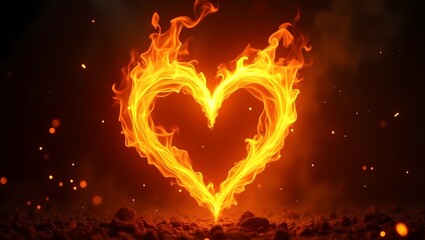 A glowing heart-shaped flame flickers brightly against a deep black background, radiating warmth and passion.