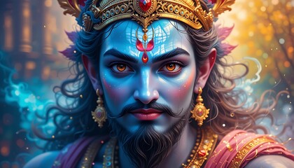 Portrait of a deity with vibrant clouds, golden crown, and decorative jewelry in a mystical setting. Generative AI