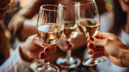 Team celebrates successful quarter with toasts and camaraderie during evening gathering in a lively venue