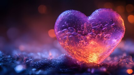 Luminous heart of ice on dark crystal ground glowing with love and passion in a romantic scene