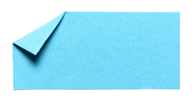 Blue piece of isolated cut out blank paper note cardboard with folded corner dog-ear earmark and copy space for text, transparent png background design element