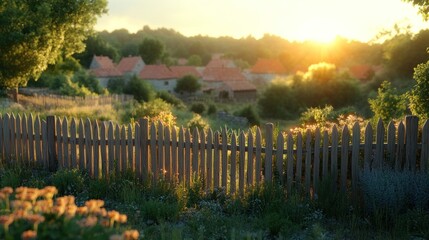 Obraz premium Sunset Village Fence Idyll