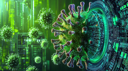 Detailed visualization of a virus interacting with digital technology in a futuristic setting