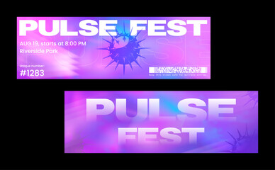 Gradient ticket template for an event - featuring vibrant neon gradients. Futuristic mockup pass, ticket with information. Modern design passes or invitations for entry. Vector neon template.