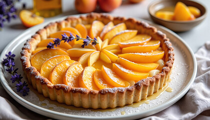 Buttery apricot and almond tart with lavender honey drizzled on top, elegantly presented on a white plate with floral accents, photorealistic food photography concept