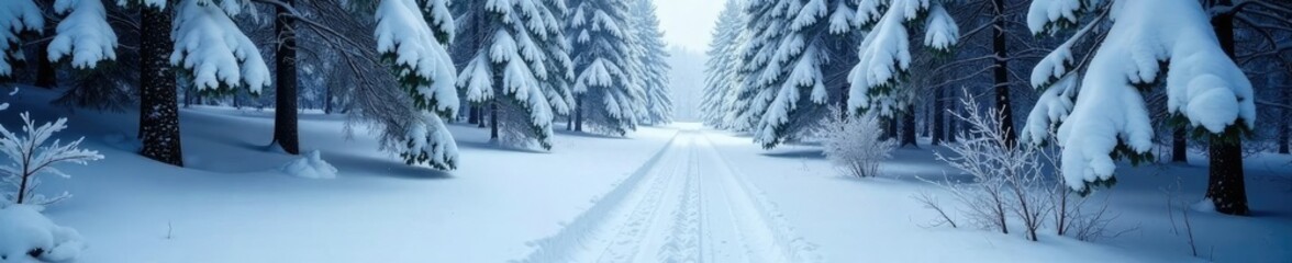 Fototapeta premium A snow-covered forest trail lined with tall frosty pines and blanketed in a thick layer of fresh powder, snow covered path, forest scenery