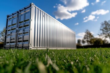 Obraz premium A metal shipping container stands out against a lush green grass backdrop, symbolizing sustainability and the fusion of industrial design with natural beauty.
