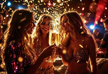 disco girls drinking champagne on new year party