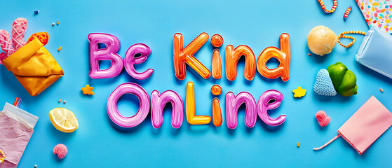 Be Kind Online with colorful balloons and playful elements on blue background. This vibrant design promotes positivity and kindness