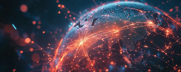 Obraz premium Digital global network: illuminated earth with data connectivity and technology in focus