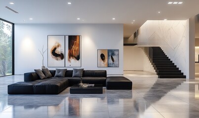 Modern interior design of a living room with a granite floor and black sofa, paintings on the wall, and stairs in the background.