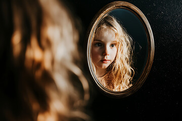 child with curly hair gazes thoughtfully into round mirror, reflecting innocence and curiosity