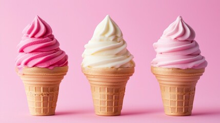 Three beautifully crafted ice cream cones showcase delicious swirls of vanilla and strawberry flavors. The delightful treats sit against a lovely pink backdrop, evoking a sense of joy