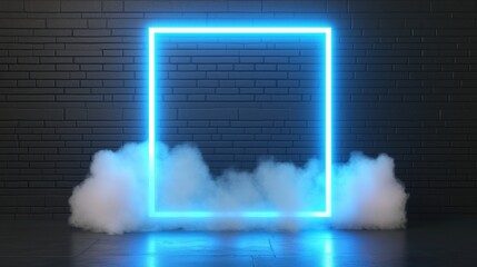 Glowing neon blue square frame is mounted on a black brick wall, with smoke or fog billowing at the...