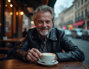Smiling Mature Man Enjoys a Warm Beverage in a Cozy Cafe.
