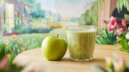 Fototapeta premium A close-up of a glass filled with green apple smoothie next to a fresh green apple on a table, set against a soft, vibrant nature-themed background with greenery and flowers. 