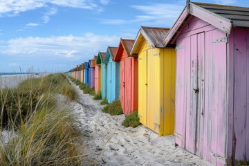 Naklejka premium Row of Colorful Beach Huts Along a Sandy Coastline Under a Bright Blue Sky in a Charming Seaside Location