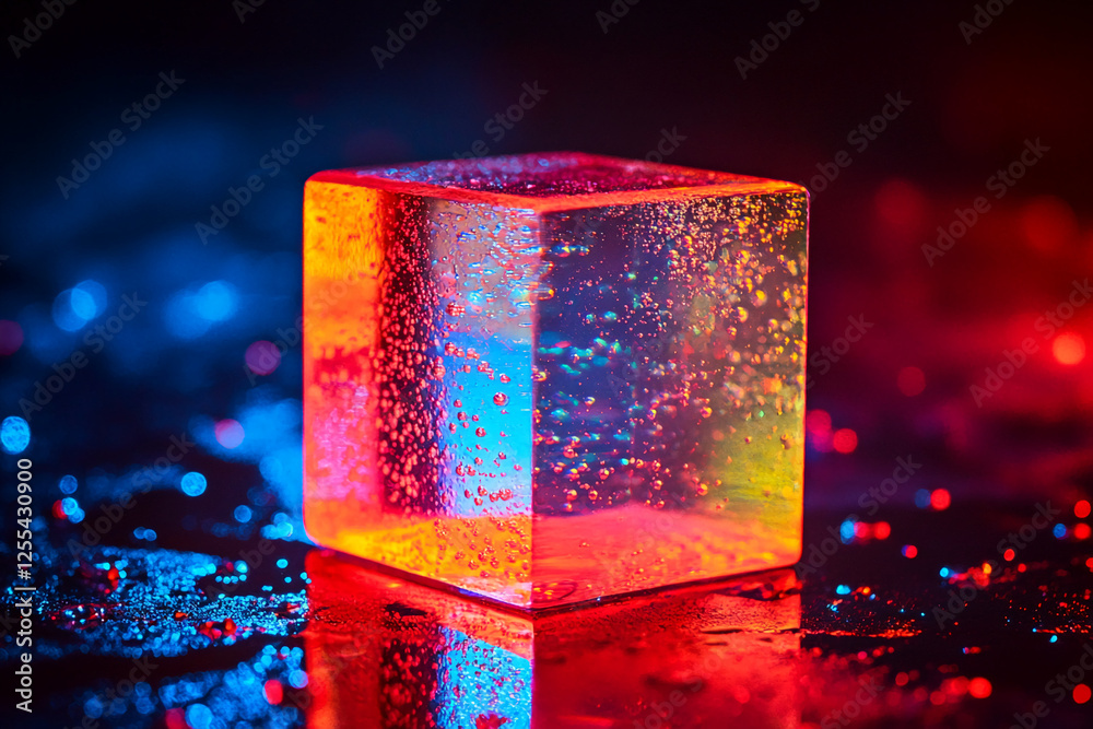 Poster Close-up of a colorful ice cube with bubbles, illuminated with red and blue lights. The image symbolizes coolness, refreshment, and vibrant lighting, with abstract reflections.