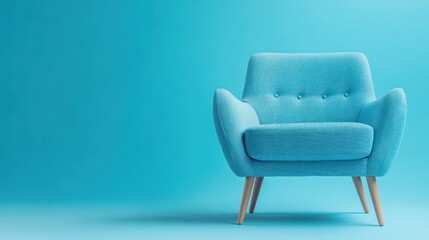 Fototapeta premium Photo of a blue armchair on a blue background, front view. advertising photography for commercial use.