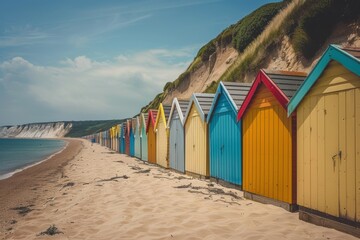 Naklejka premium Row of Colorful Beach Huts Along a Sandy Coastline Under a Bright Blue Sky in a Charming Seaside Location